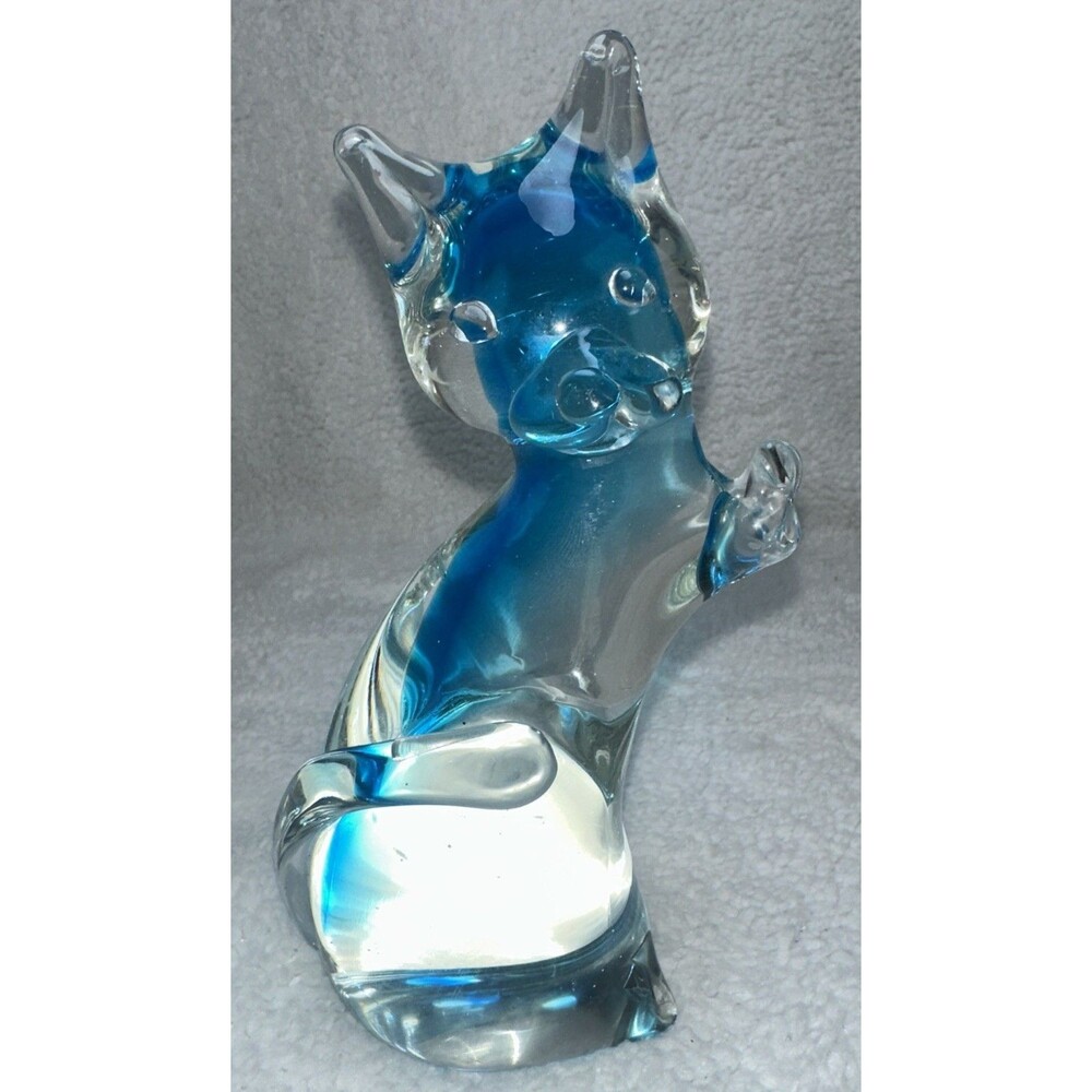 Murano Italian Artas Art Glass Blue Sommerso Cat Figurine Vintage 6.75"